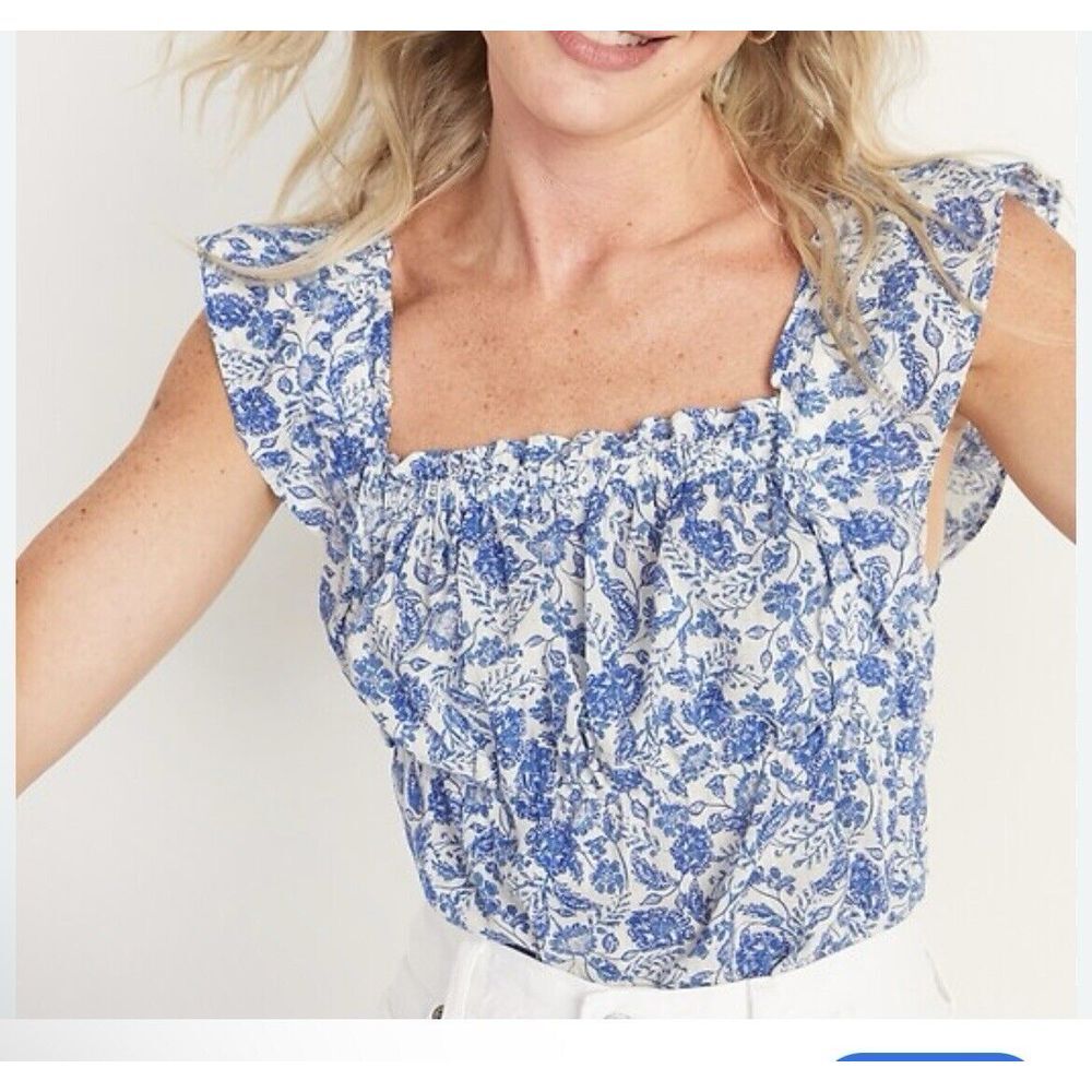 Old Navy Blue White Paisley Floral Ruffle Tank‎ Top Flowy - Size Women's Large